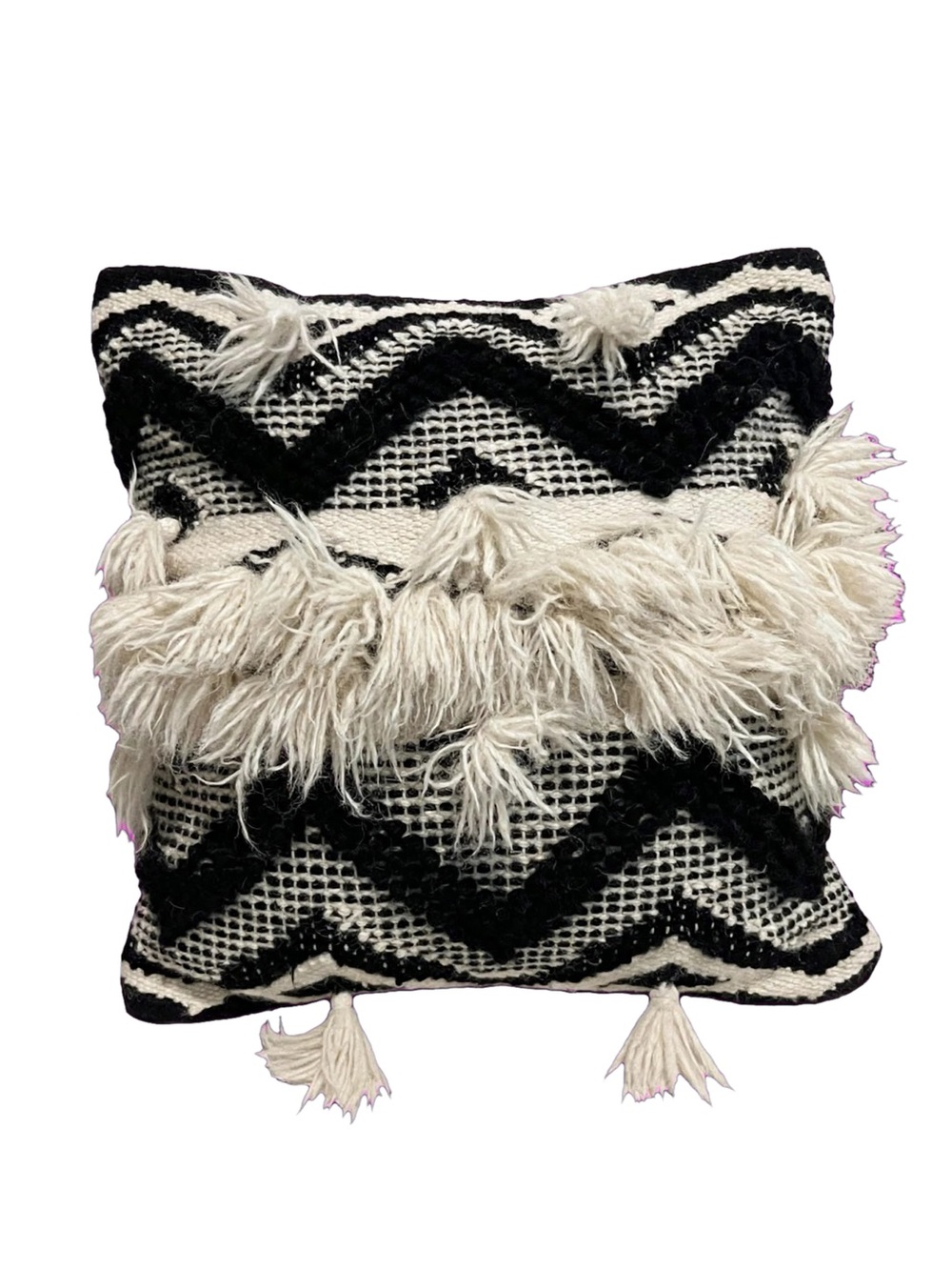 Boho Black and Cream Fringe Zigzag Accent Pillow Cover by Surya
